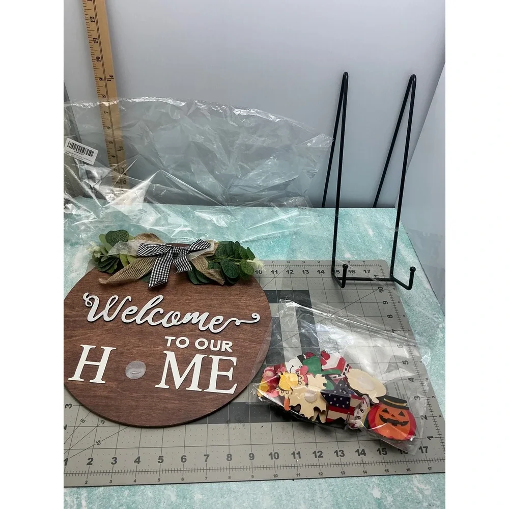 Interchangeable Welcome To Our Home Sign 12in Round Wood Farmhouse Door Decor